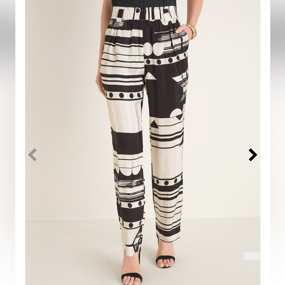 NWT Chicos Mixed Print Pants Straight Leg Black Ivory Geo Striped 100% Rayon